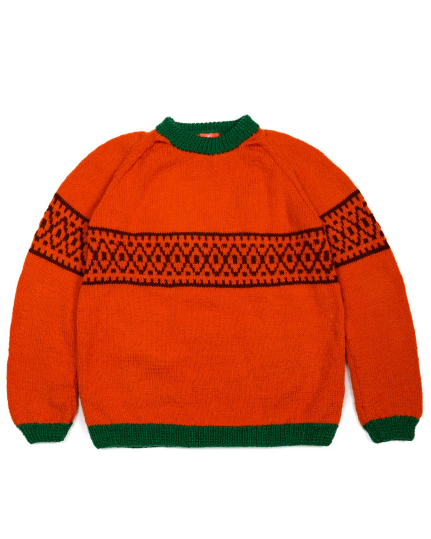 Orange sweater with green trim and geometric pattern on a white background