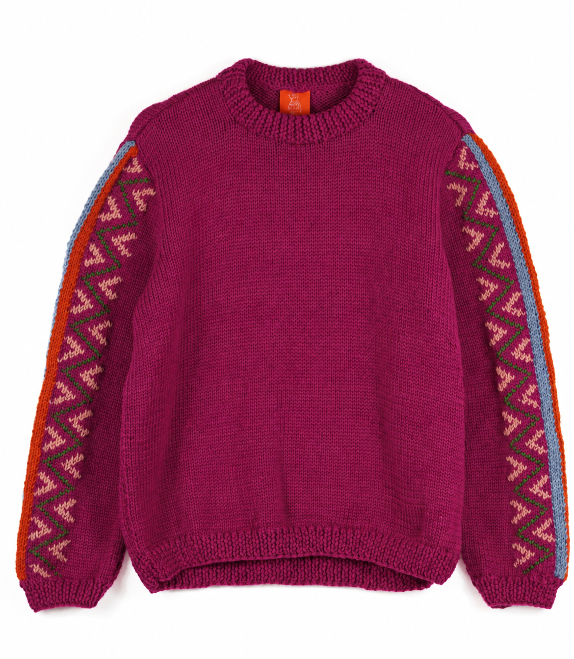 A magenta knit crewneck sweater with patterned sleeves featuring orange, light blue, and pink geometric chevron designs, laid flat on a white background.