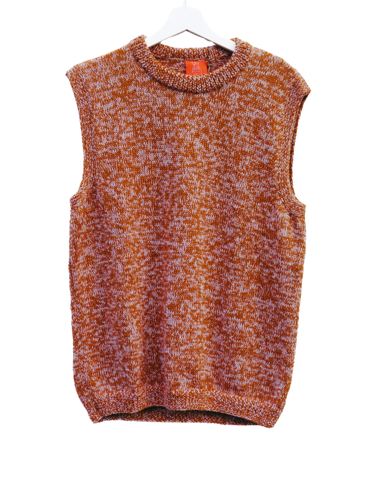 Brown sleeveless knitted sweater on a white background