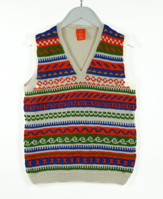 Colorful patterned sweater vest on a white hanger