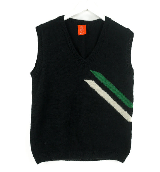 Black sweater vest with green and white stripe on a white background