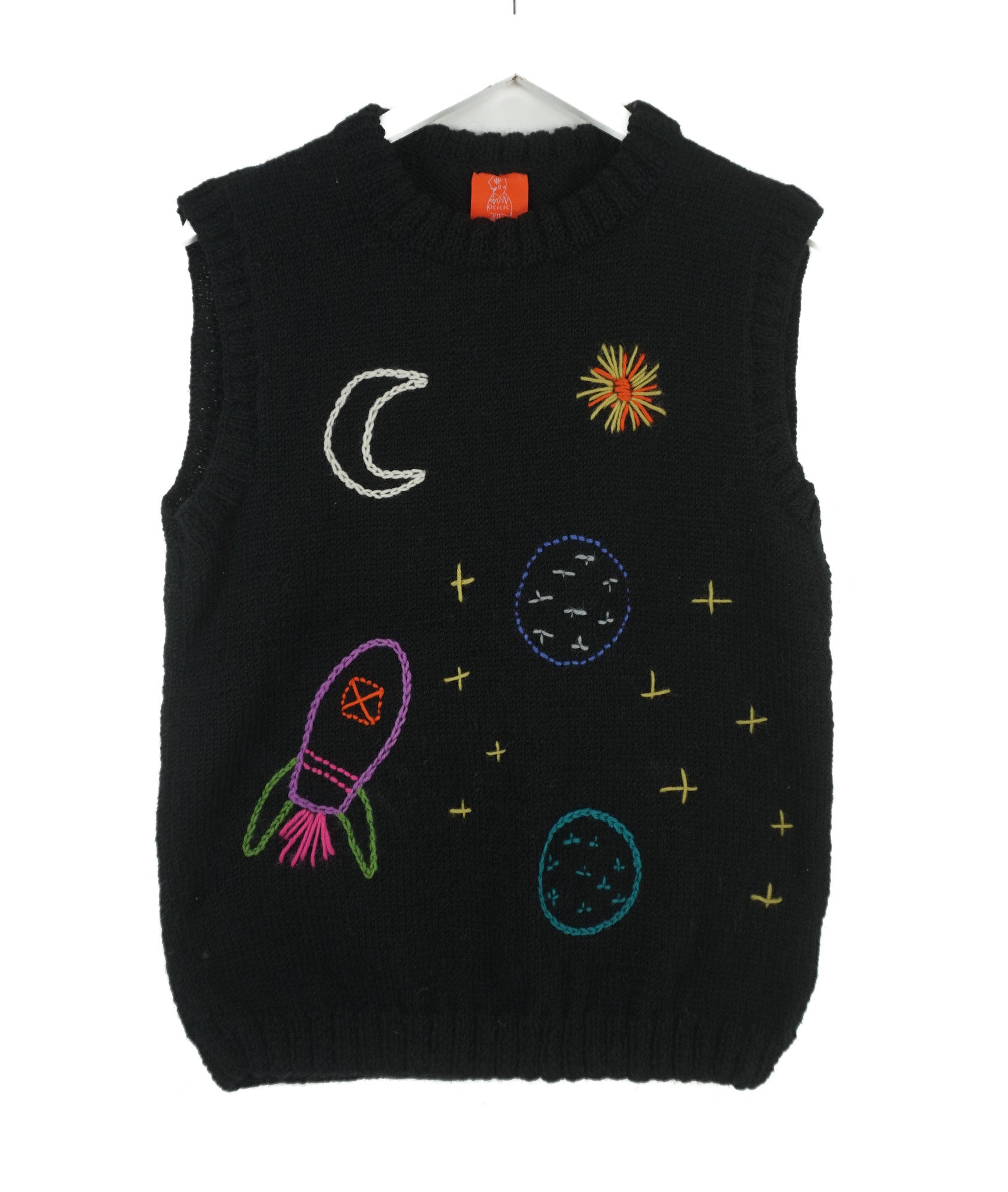 Black sleeveless sweater vest with space-themed designs, hand knitted pure wool one off vest from a London brand