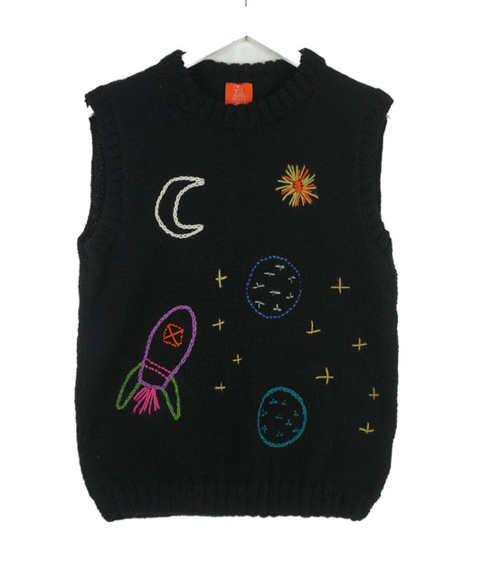 Black sleeveless sweater vest with space-themed designs, hand knitted pure wool one off vest from a London brand