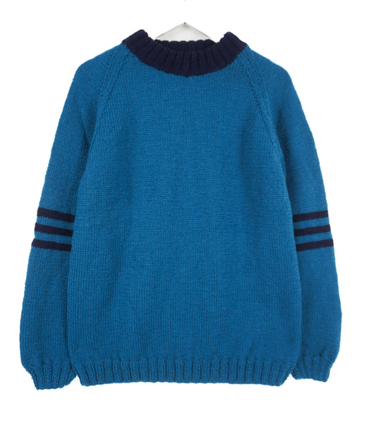 Blue Mock Neck Pure Wool Jumper with dark blue neck, one off design hand knitted from London brand