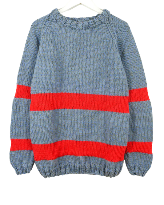 Blue sweater with red stripes on a white background