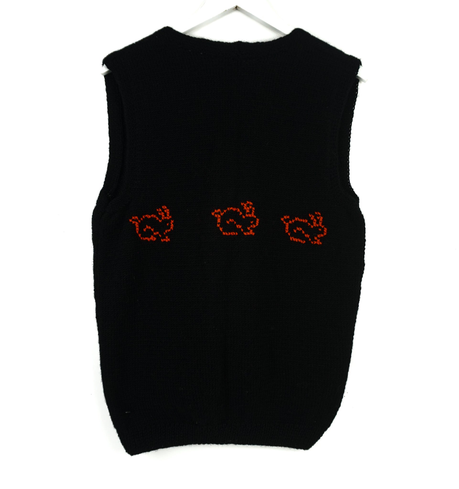 Pure wool  Black sleeveless Cardigan vest with unique illustration on, hand knitted vest , pure wool vest, one off from London brand