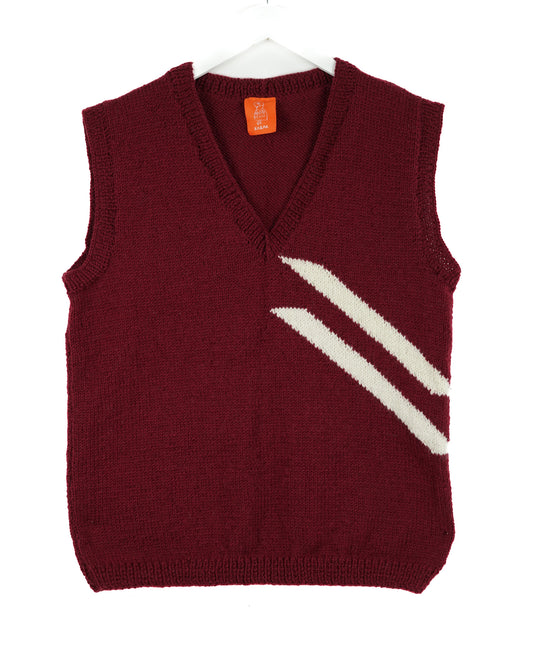 Burgundy pure wool vest with stripes, hand knitted one off vest from an east London brand