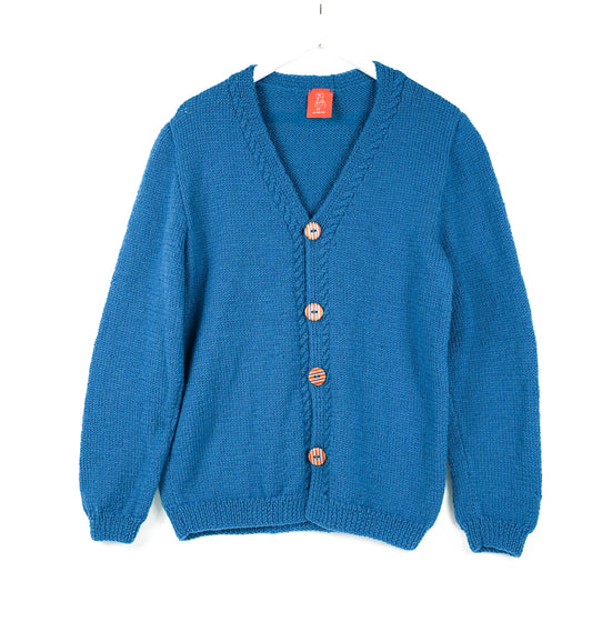 Cobalt Blue Long Sleeve Cardigan with hand made buttons from recycled skateboards