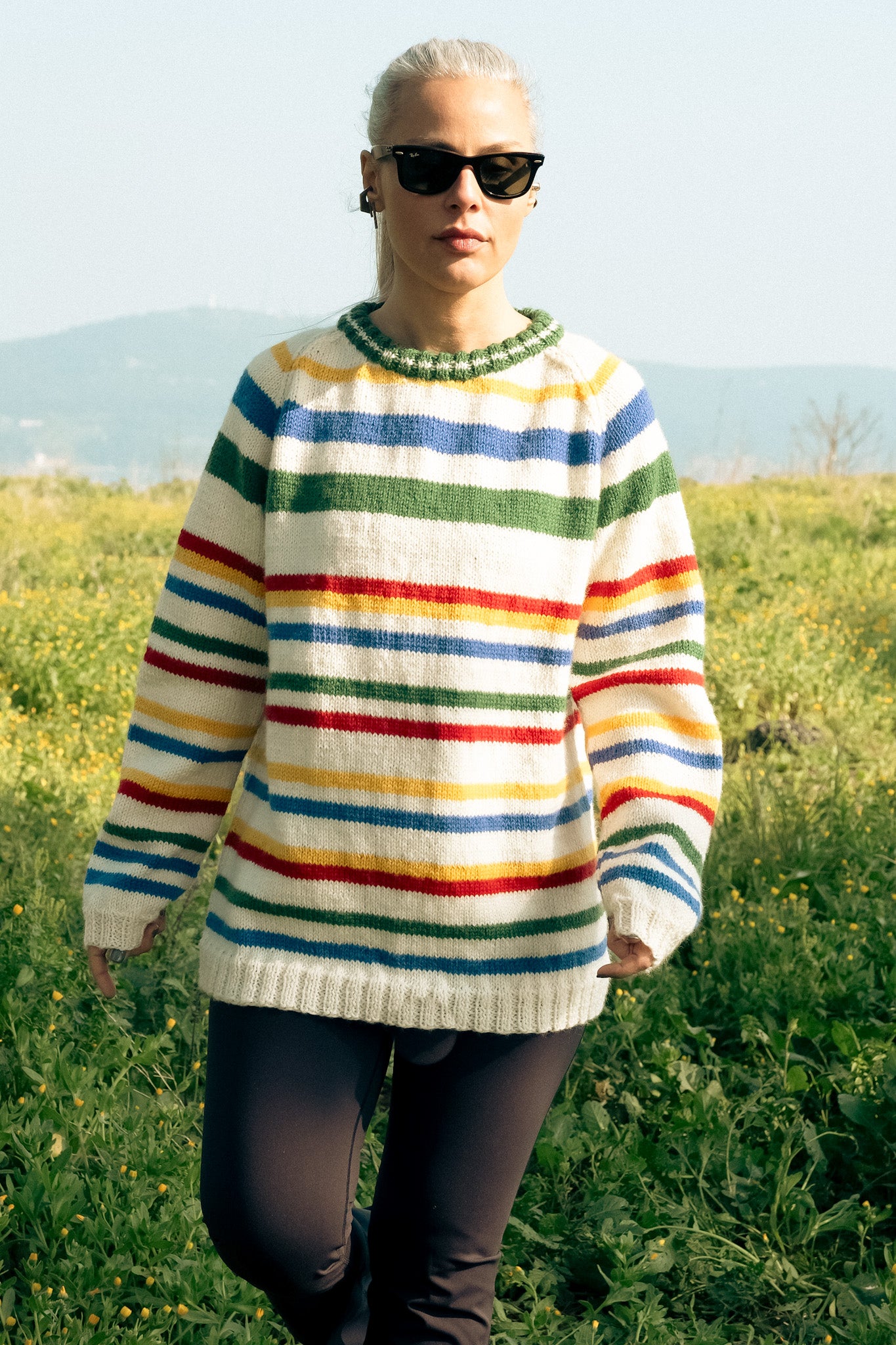 pure wool hand knitted one off colorful stripes jumper