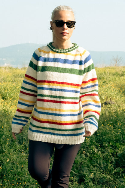 pure wool hand knitted one off colorful stripes jumper
