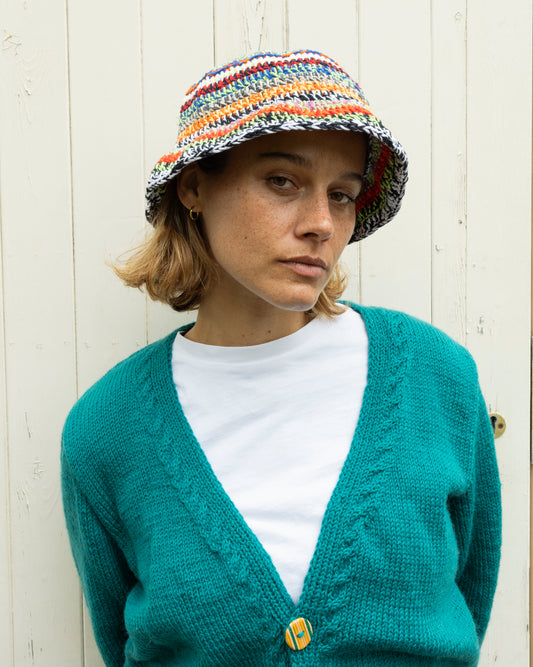 Hand crochet colourful cotton hat with a lot of different stripes on it, one off cotton hat, glastonbury fashion