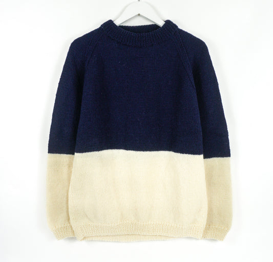 Dark Blue and White duotone  hand knitted jumper, one off design from an East London brand