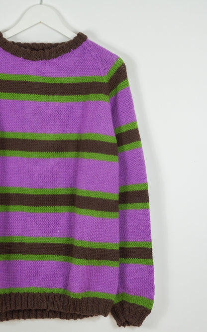 pure wool hand knitted one off Earthy Striped Jumper green brown