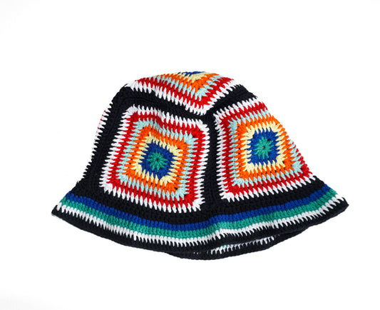 Hand Crochet cotton hat with orange evil eye patterns on it, Glastonbury fashion, one off cotton hat