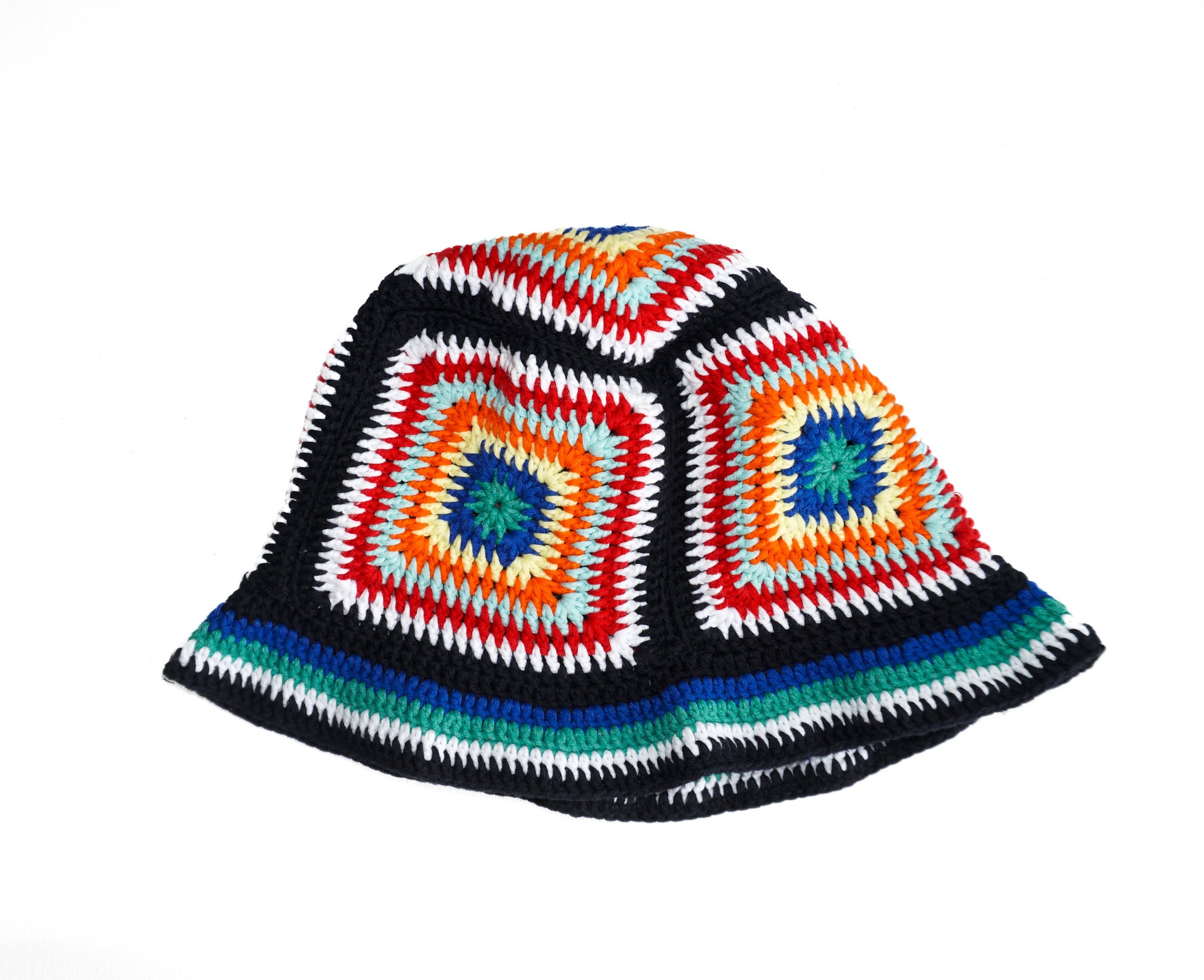 Hand Crochet cotton hat with orange evil eye patterns on it, Glastonbury fashion, one off cotton hat