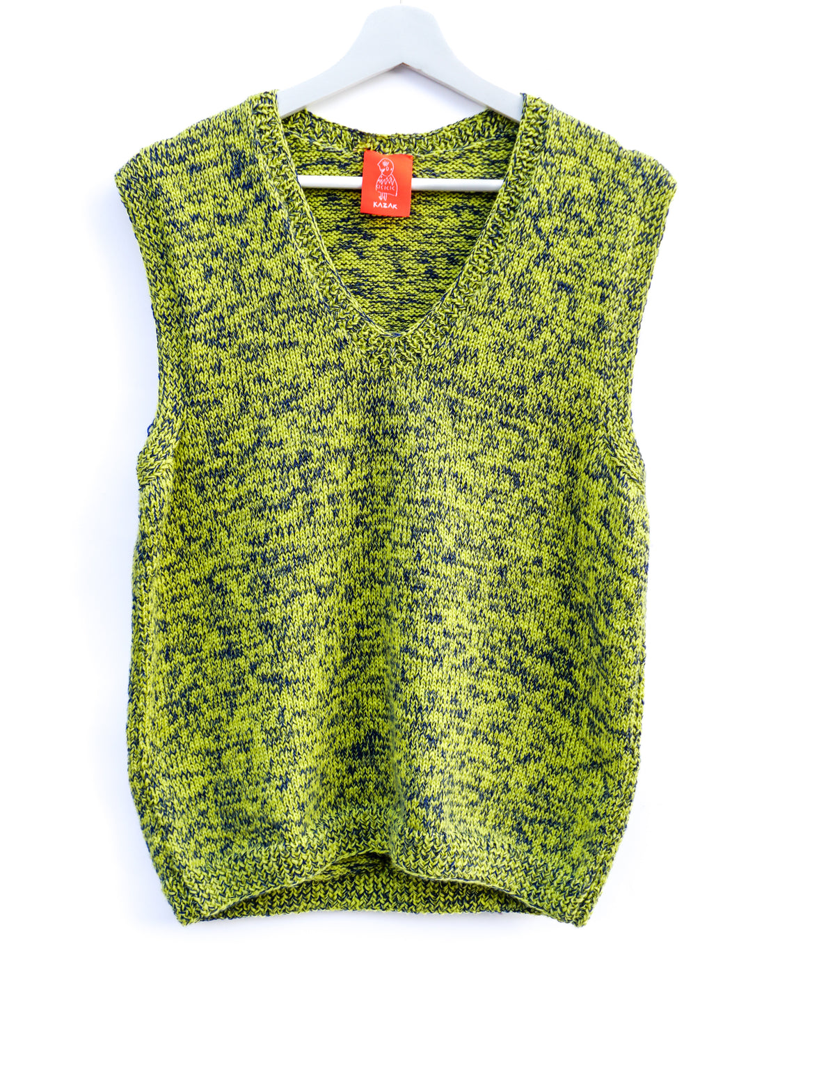 A sleeveless knit vest in a lime green and black marled pattern, hanging on a white plastic hanger against a plain white background.