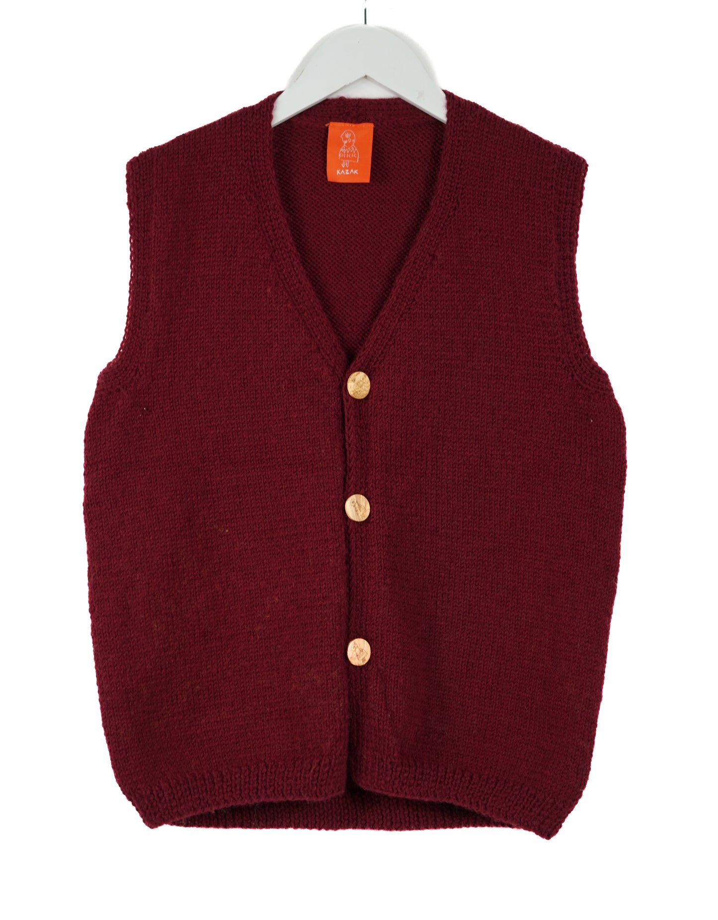 Maroon Sleeveless Cardigan with yellow buttons on it on a white background