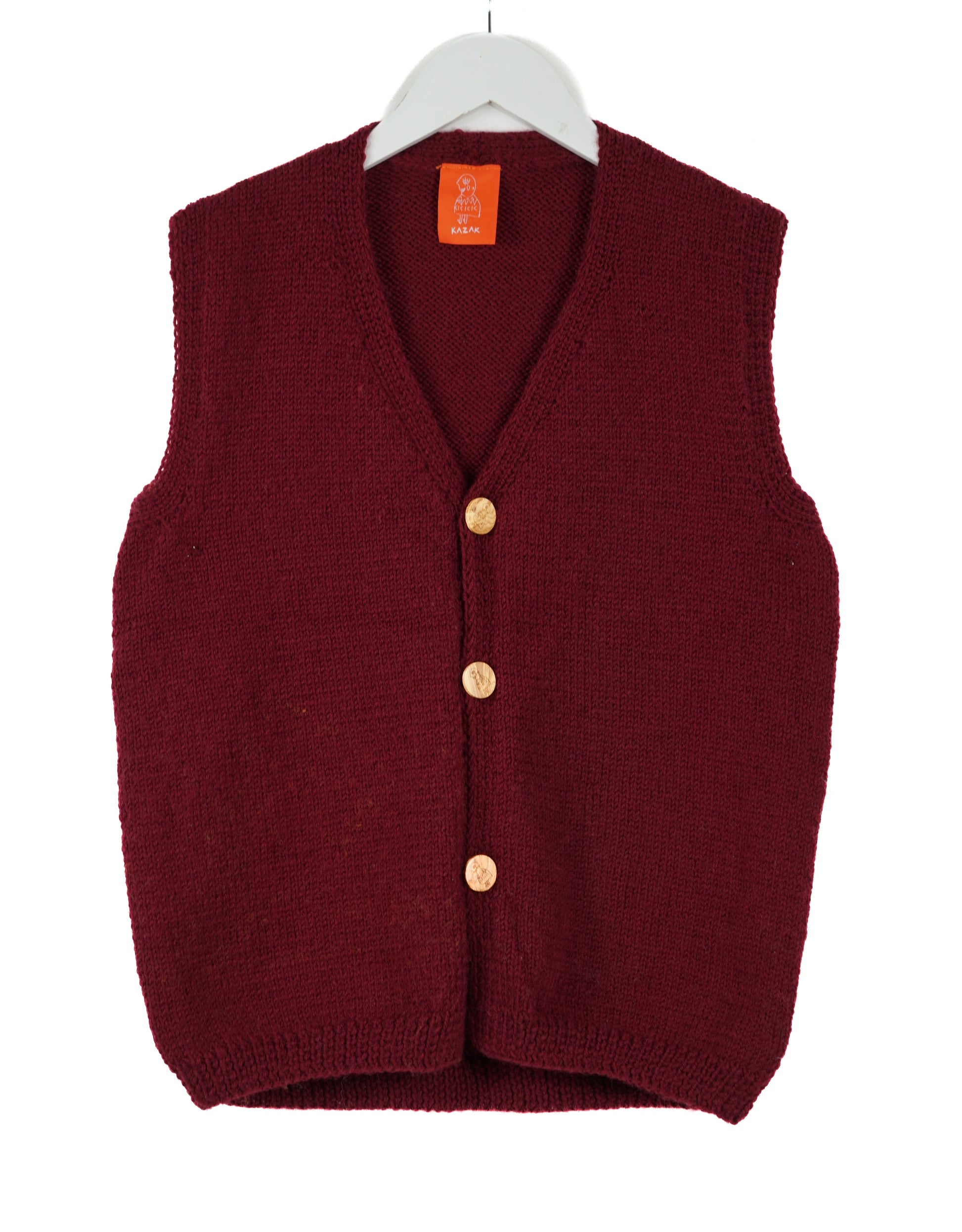 Maroon Sleeveless Cardigan with yellow buttons on it on a white background