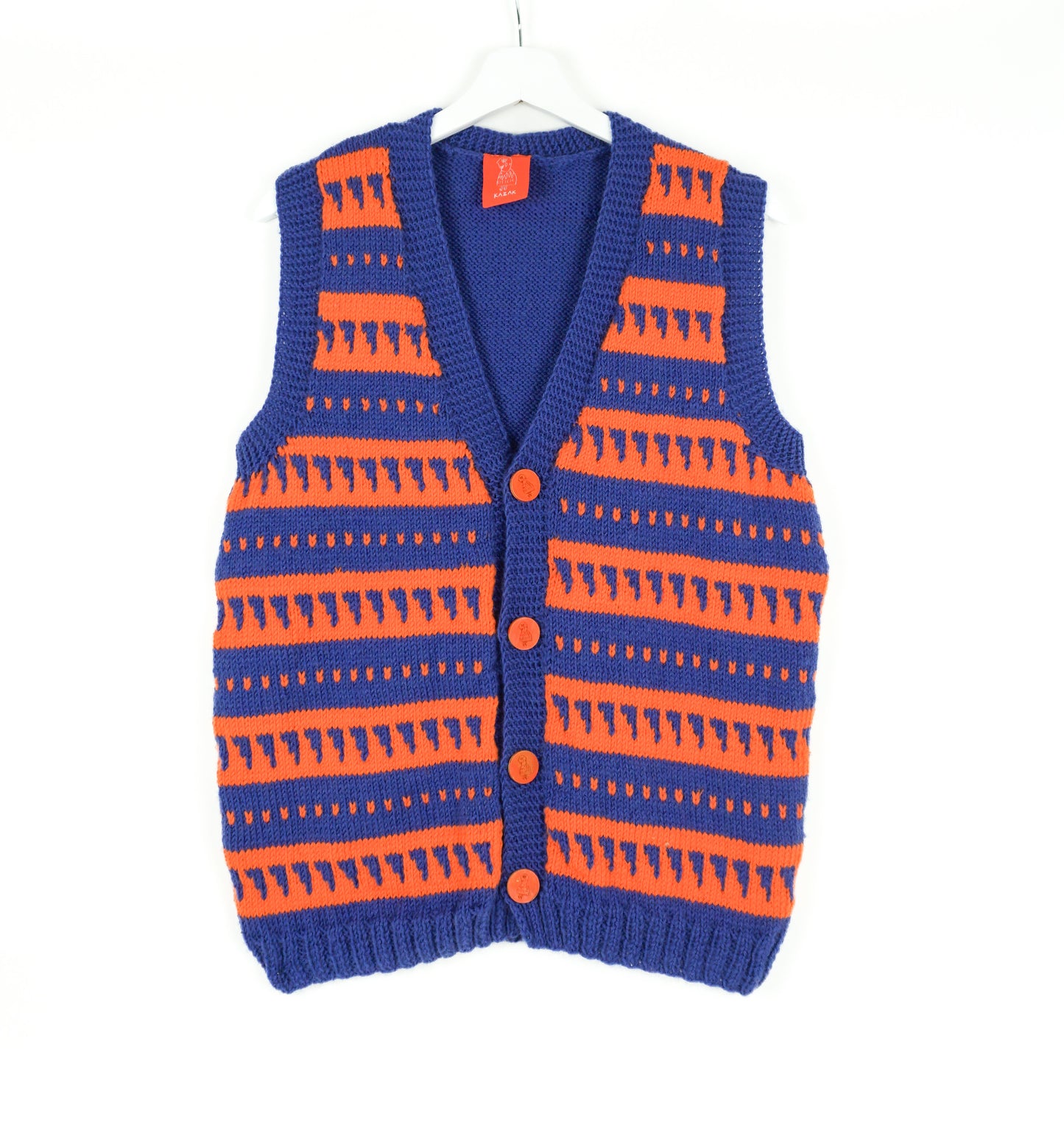 Fair Isle Buttoned Blue Orange Sleeveless Caardigan , one off blue vest, hand knitted vest, festival knitwear, london knitwear