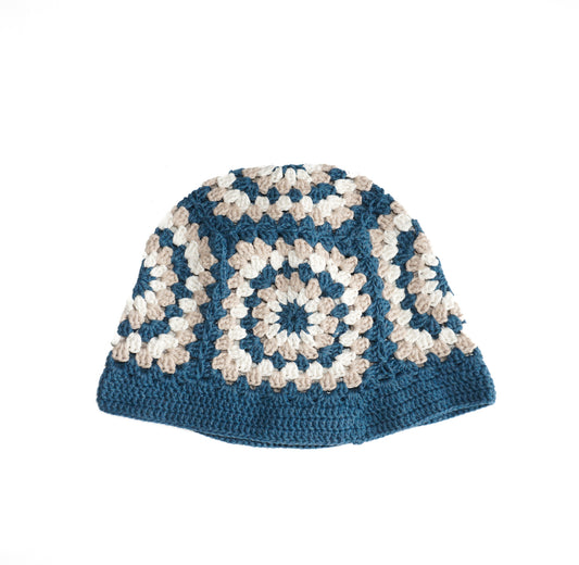 Hand Crochet cotton hat with blue florarl patterns on it, Glastonbury fashion, one off cotton hat