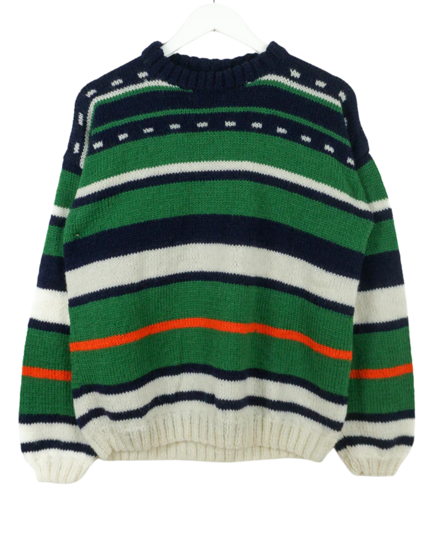Striped sweater with green, navy, white, and red colors on a white background