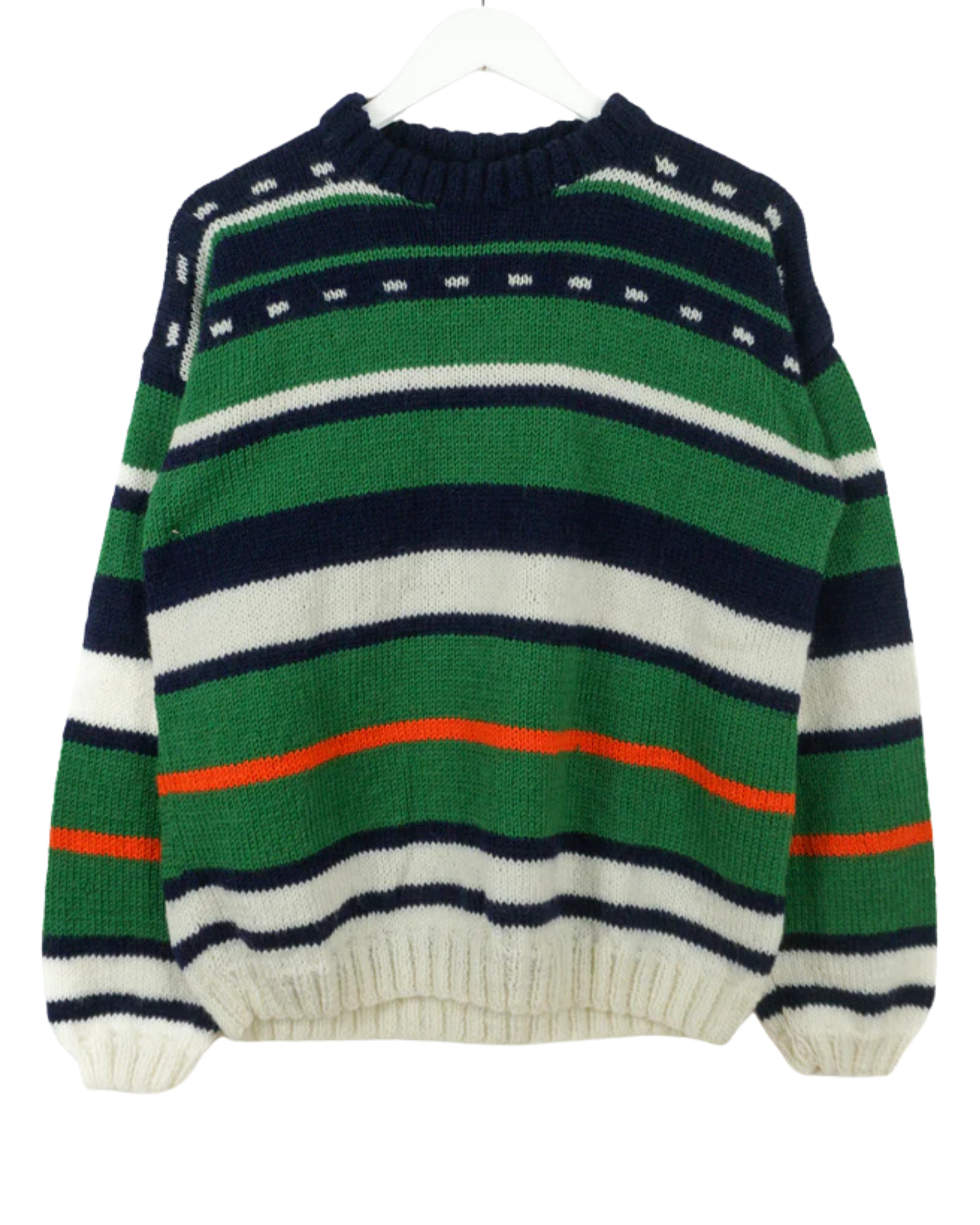 Striped sweater with green, navy, white, and red colors on a white background