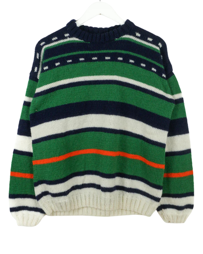 Striped sweater with green, navy, white, and red colors on a white background