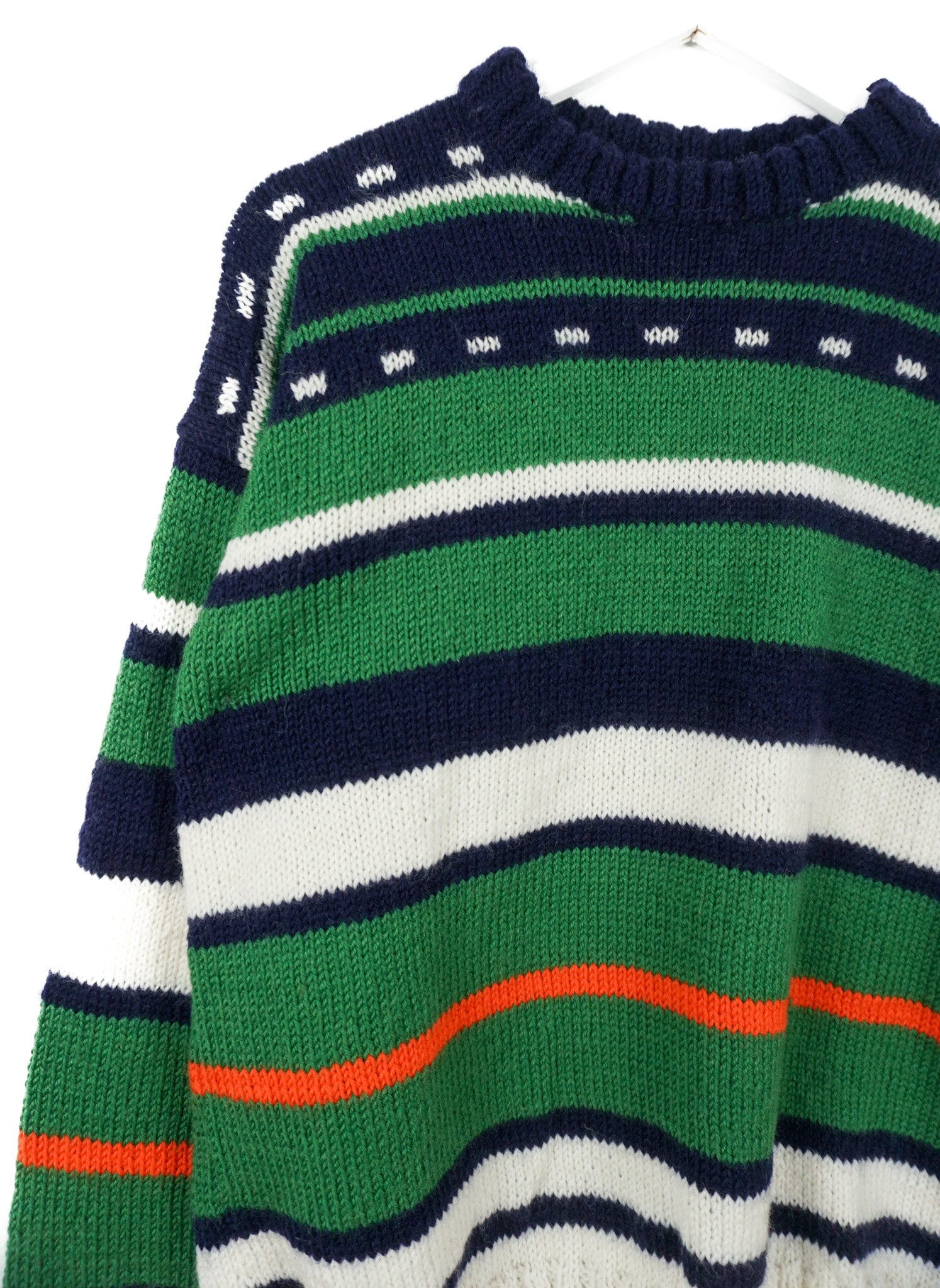 pure wool hand knitted one off Forest Green Navy Striped Jumper