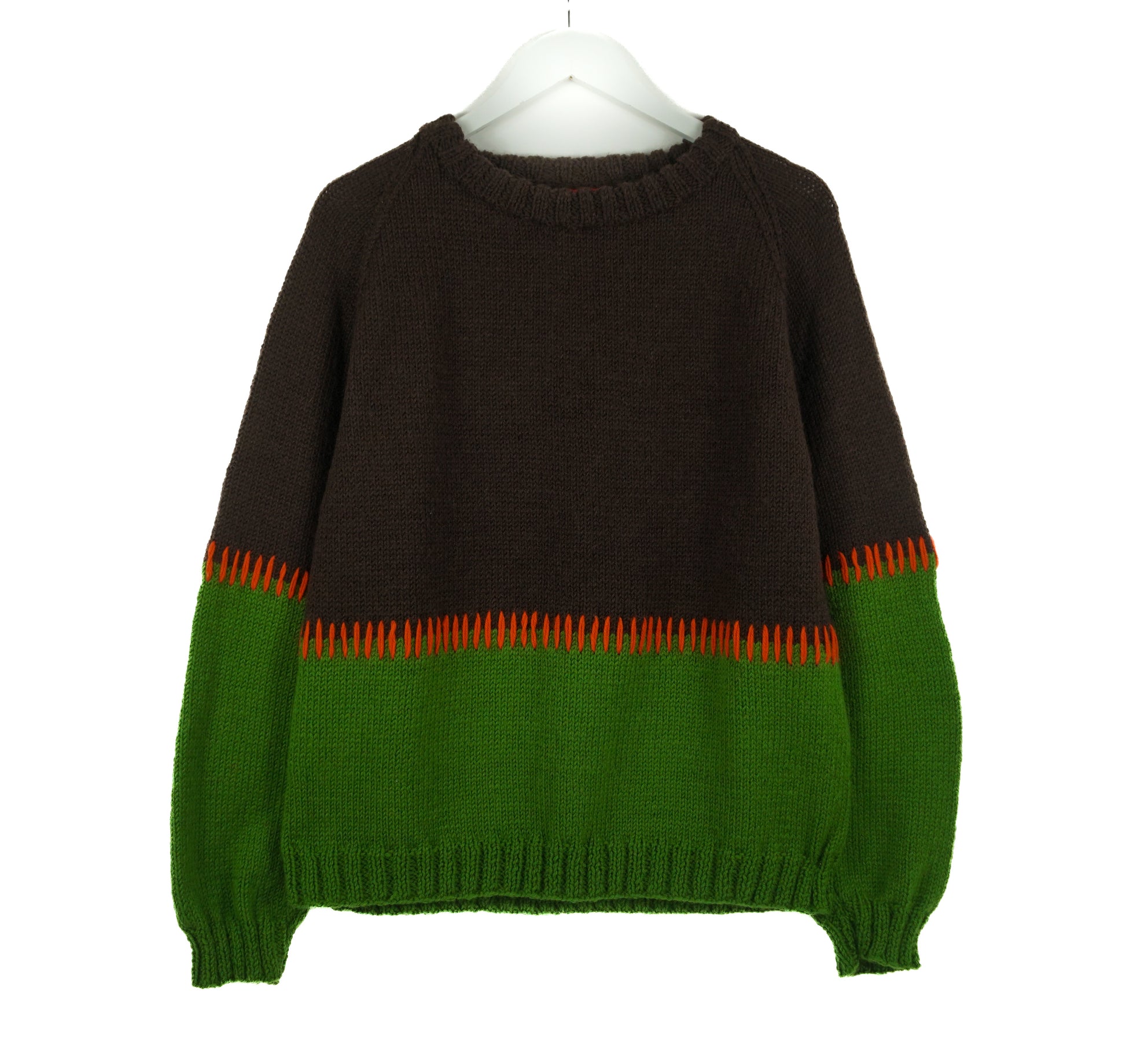 Brown Green pure wool jumper with medium fit. Crop fit, Box fit and hand knitted