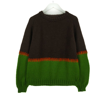 Brown Green pure wool jumper with medium fit. Crop fit, Box fit and hand knitted