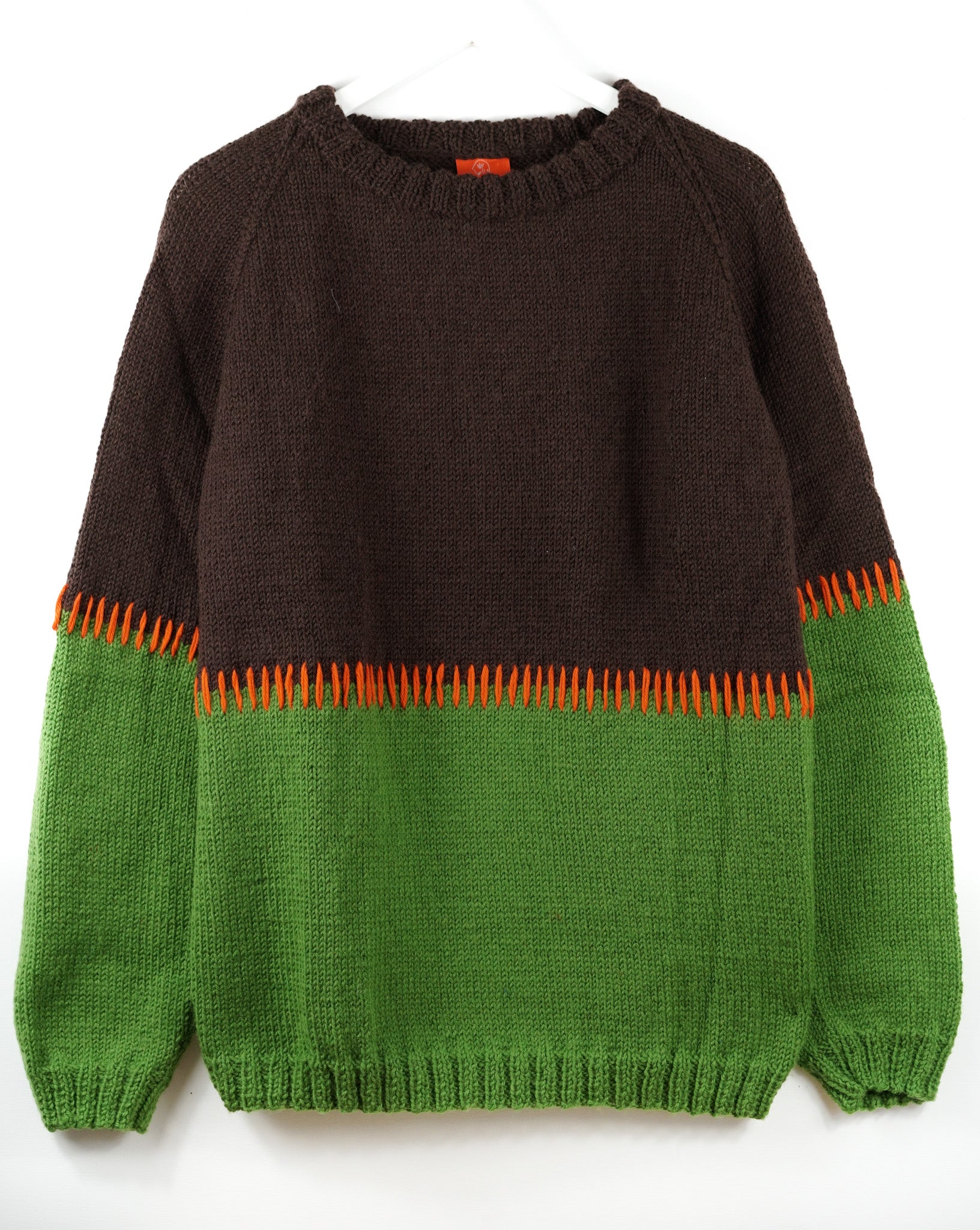 pure wool hand knitted one off Green + Dark Brown Stitched Jumper