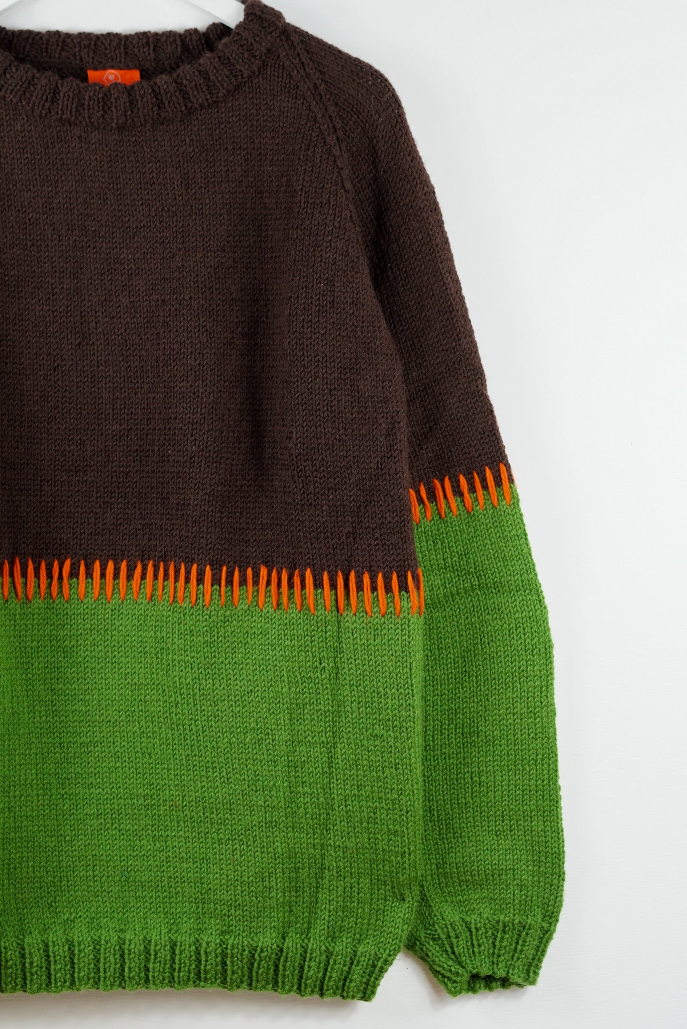 pure wool hand knitted one off Green + Dark Brown Stitched Jumper