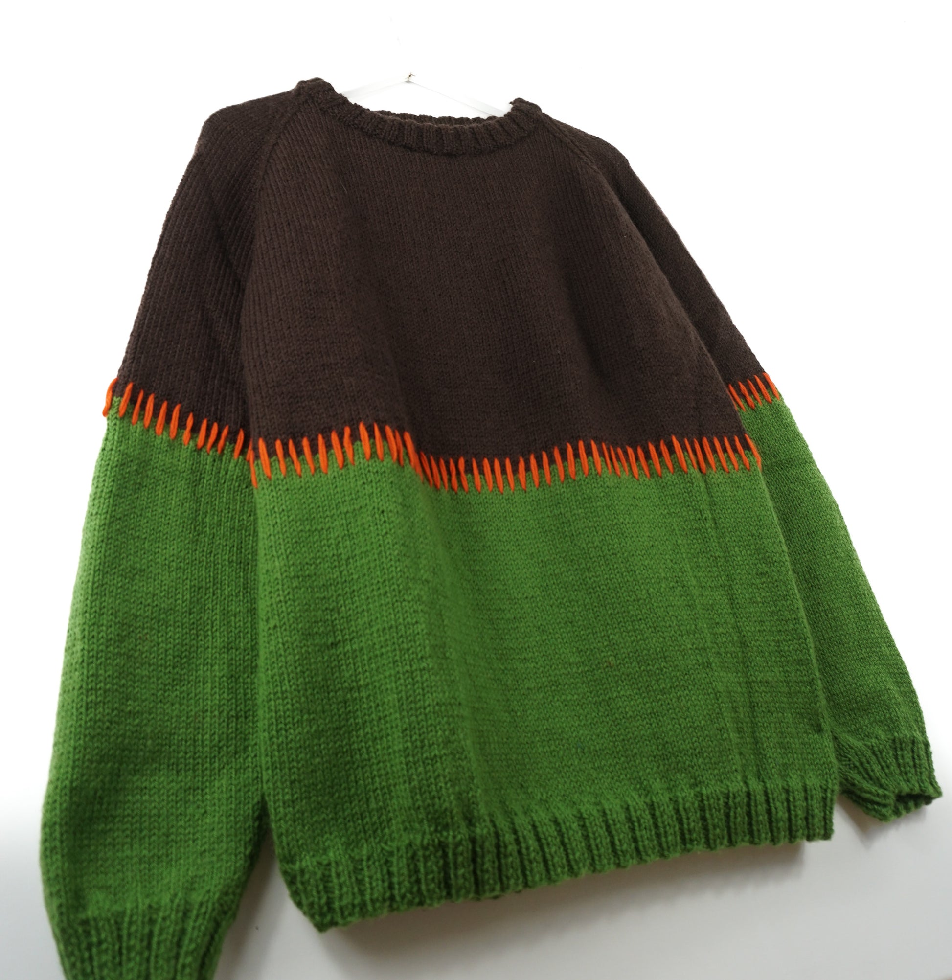 pure wool hand knitted one off Green + Dark Brown Stitched Jumper