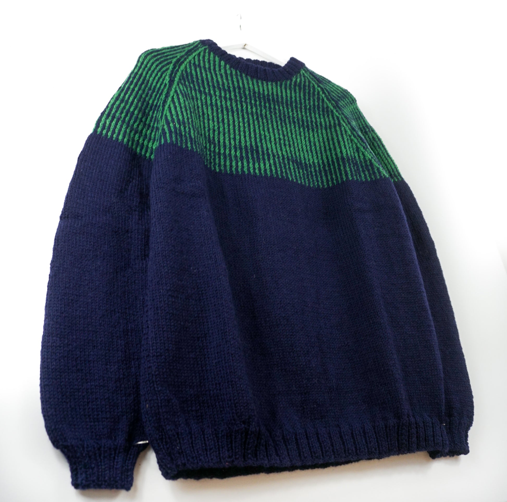 pure wool hand knited one off Green and Navy Blue Jumper