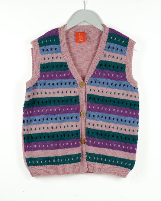 Striped knitted light pink vest on a hanger with a white background