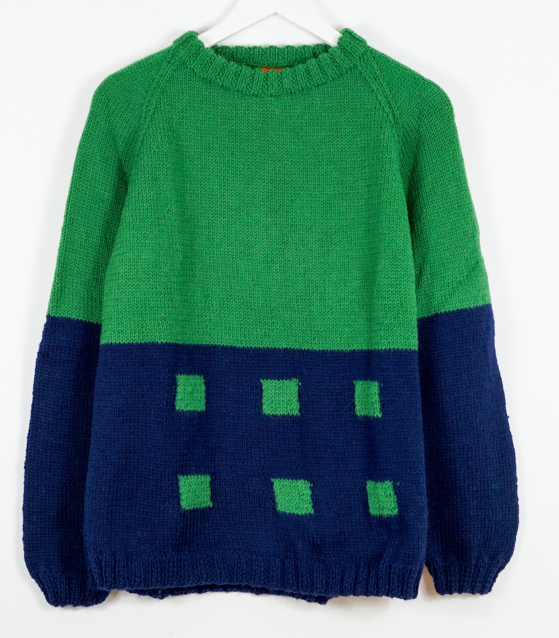 pure wool hand knitted one off Mini Green Boxed Duotone Jumper