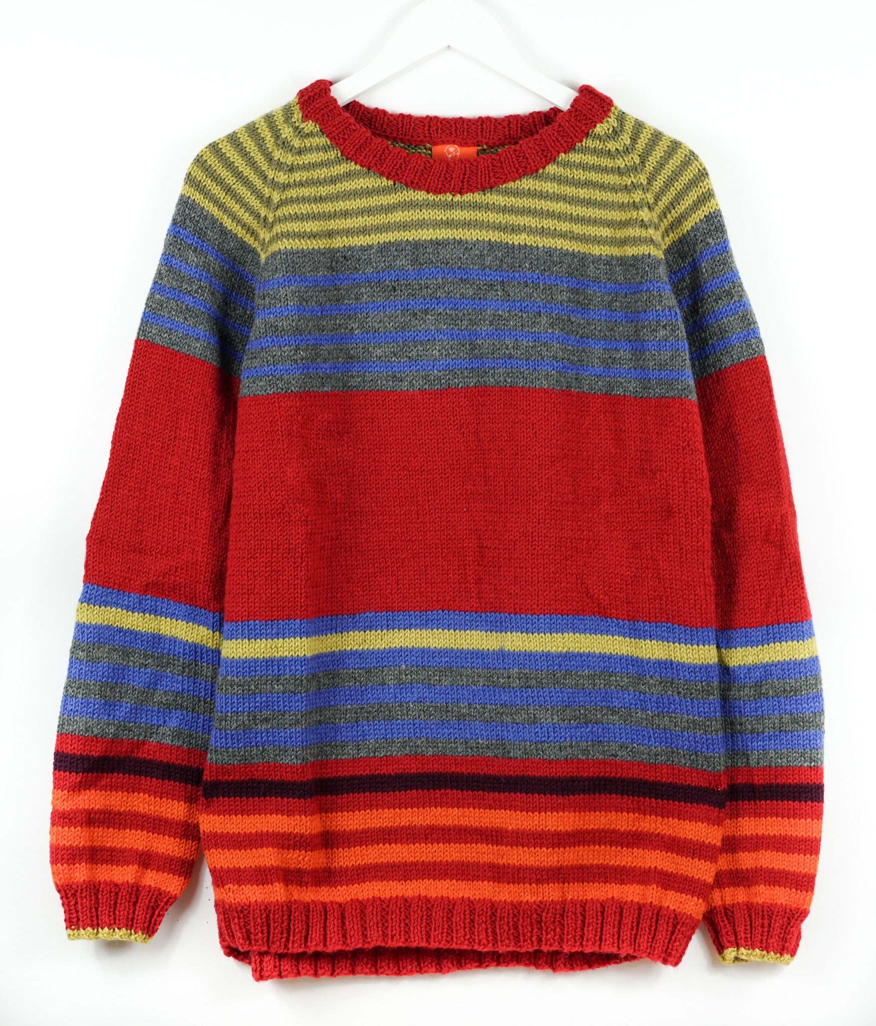 pure wool hand knitted one off Multi Striped Scarlet Jumper