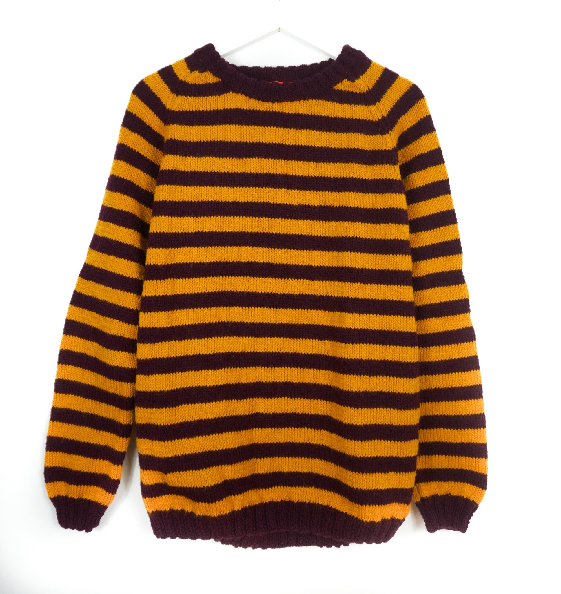 pure wool hand knitted one off Mustard Plum Striped Jumper