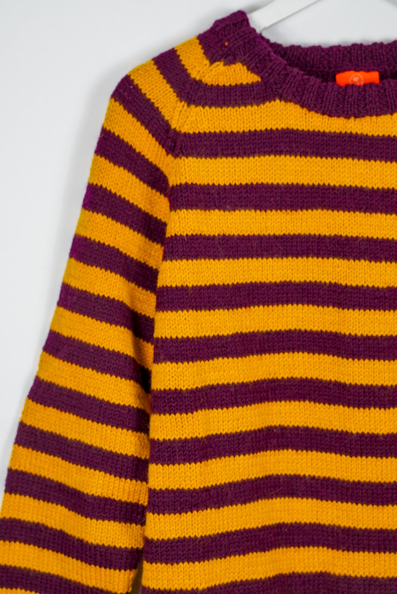 pure wool hand knitted one off Mustard Plum Striped Jumper