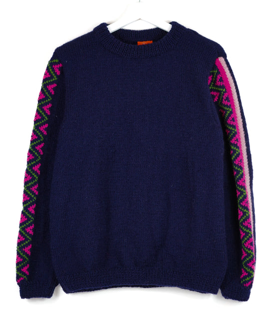 Navy Blue jumper with heritage patterns on its sleeves 