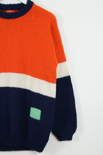 pure wool hand knitted one off Orange Navy Duotone Jumper