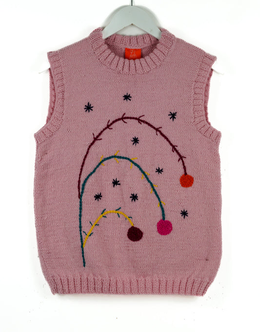 Pink pure wool vest with floral dressing on it, this is a hand knitted one off vest, tank top