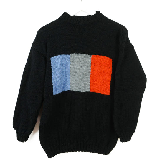 Pure Wool Black Drop Shoulder Jumper, Triple colour boxes for pattern, hand knitted and one off