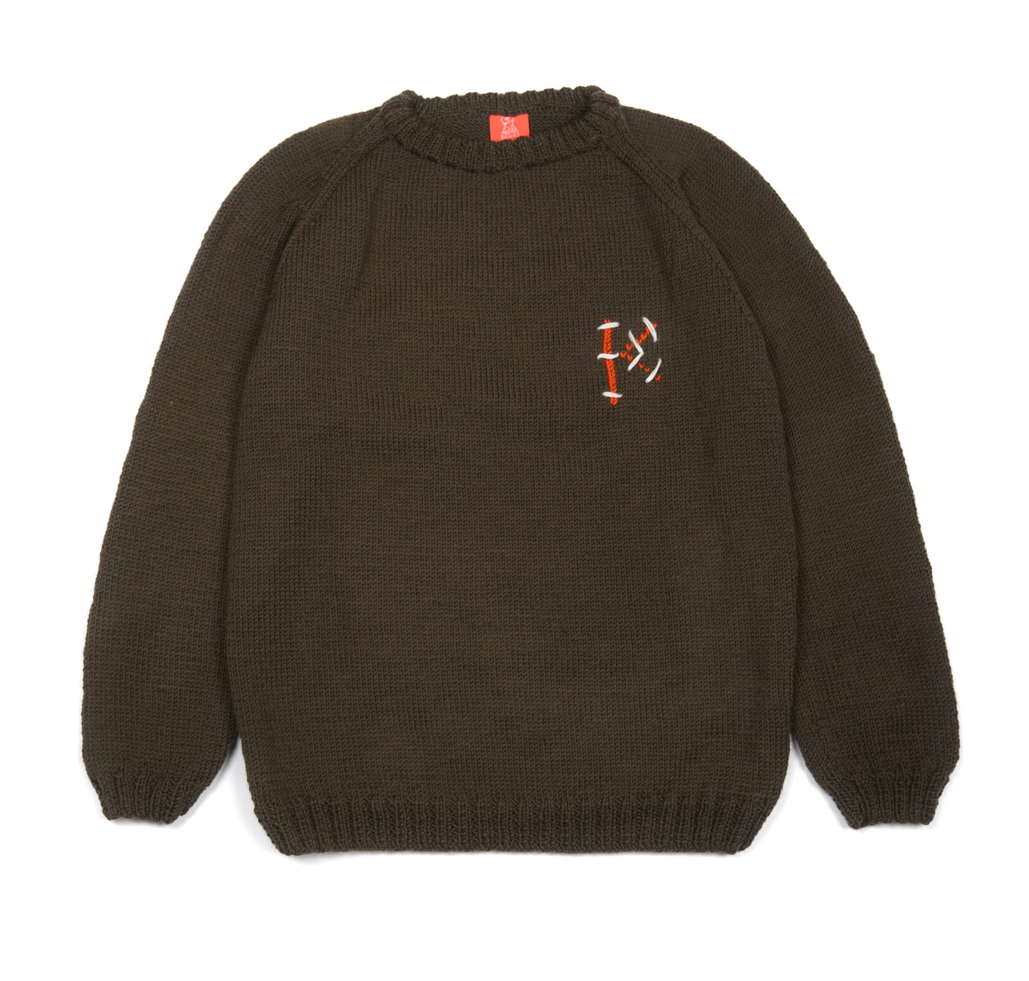 Pure Wool Bold K Khaki Jumper, hand knitted.