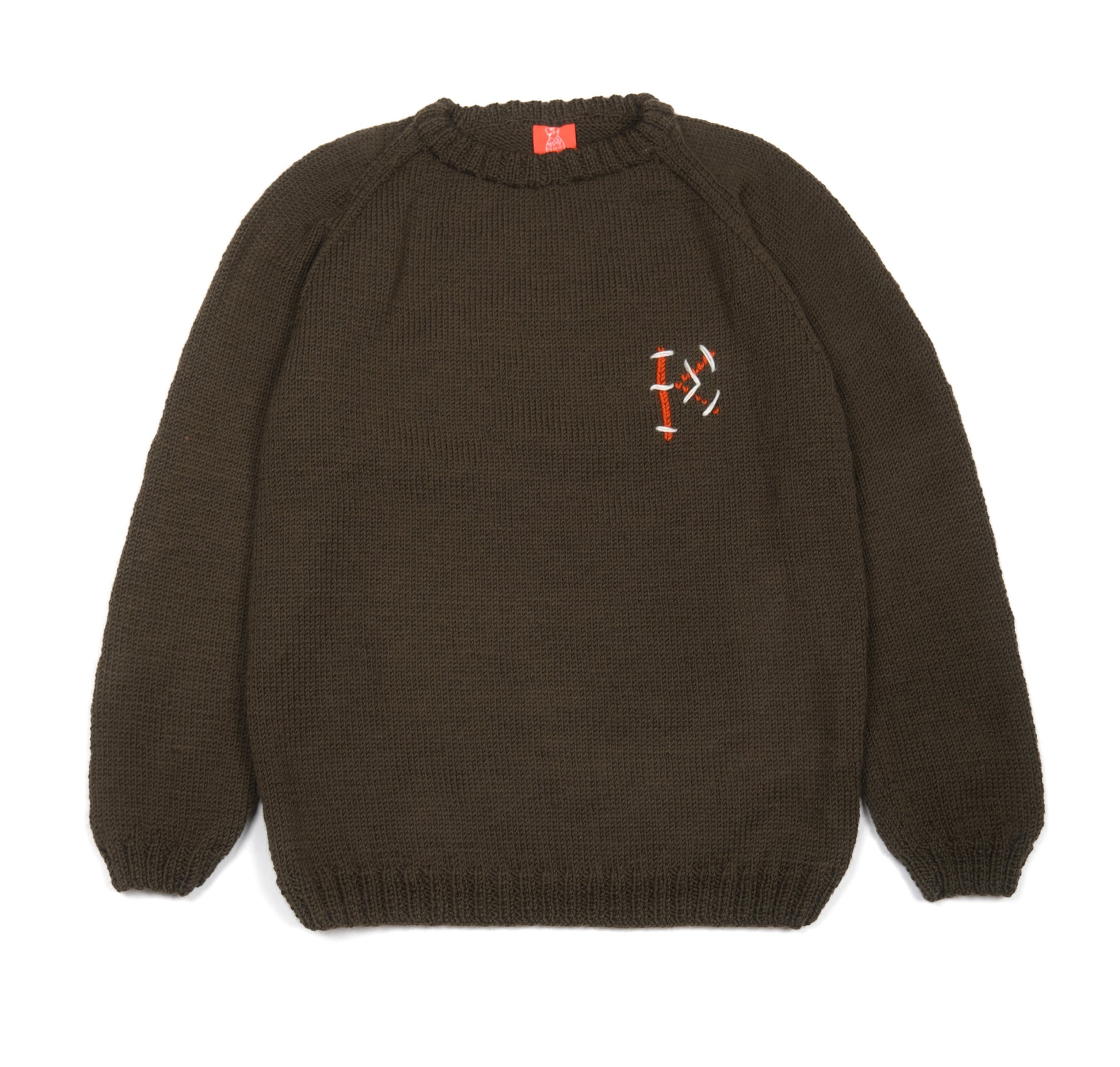 Pure Wool Bold K Khaki Jumper, hand knitted.