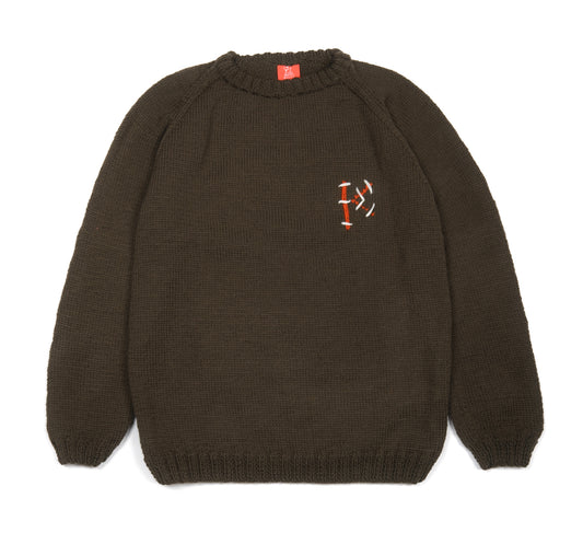 Pure Wool Bold K Khaki Jumper, hand knitted.