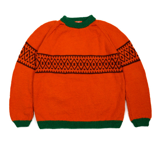 Pure Wool Tangerine jumper with Brown Patterns. Hand knitted and medium - large fit.
