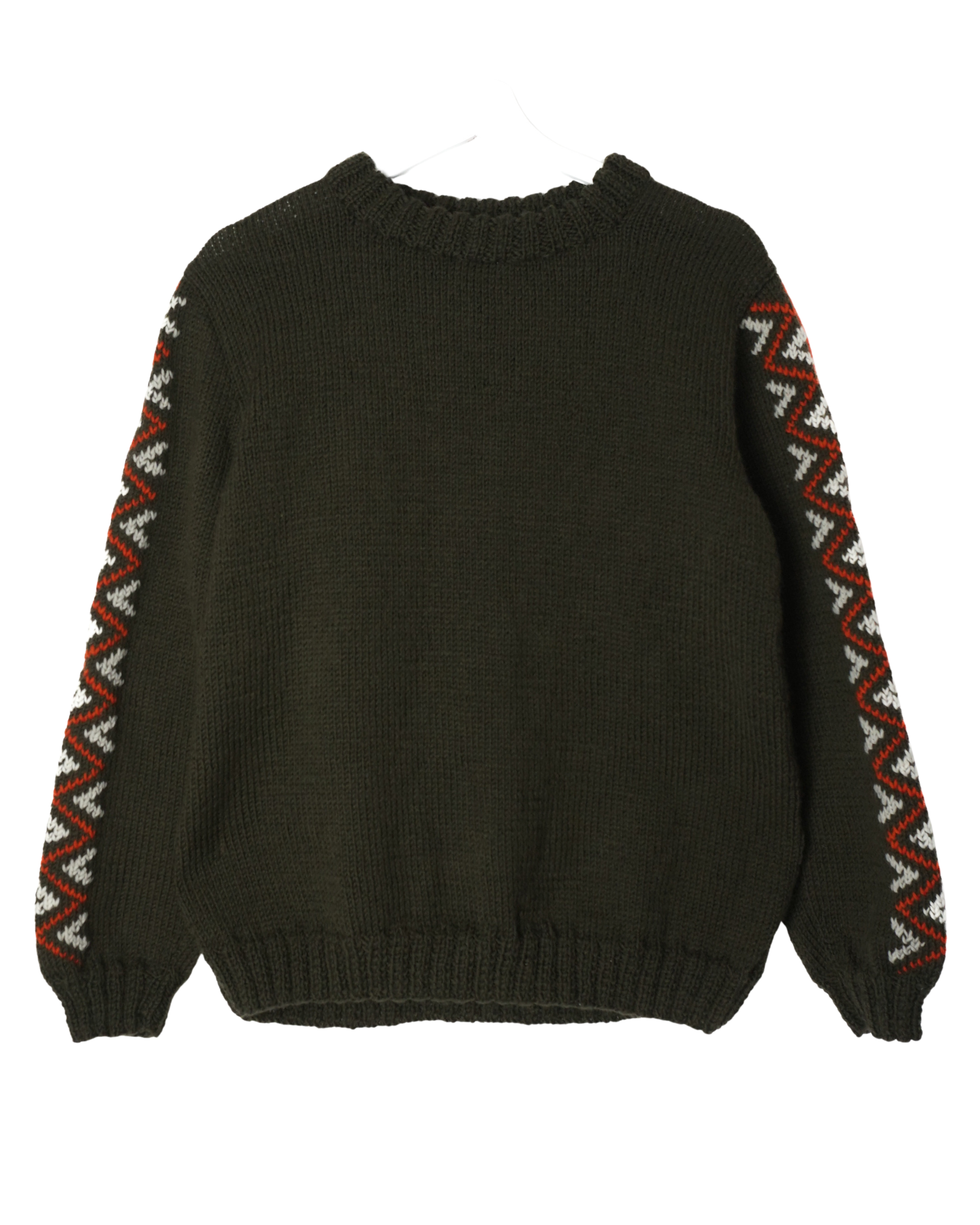 Brown sweater with patterned sleeves on a white background