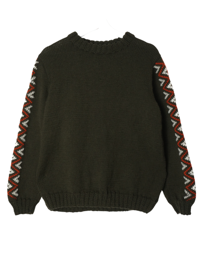 Brown sweater with patterned sleeves on a white background