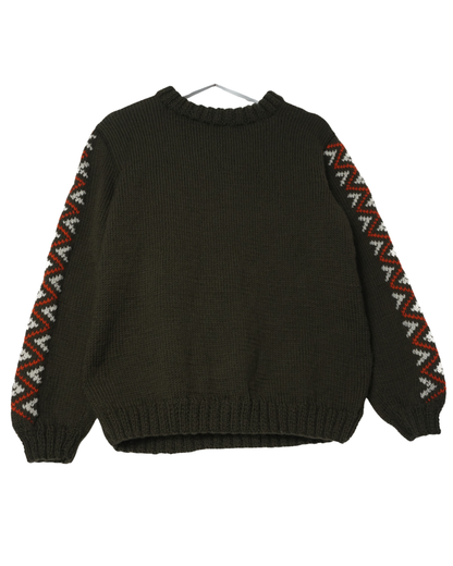 Black sweater with patterned sleeves on a white background